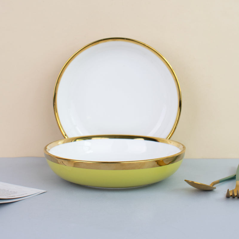 Gold Rim Colour Pop Serving Plate (7 Inches) Pasta Bowl June Trading Mustard yellow  