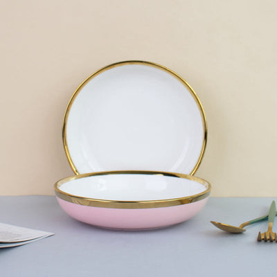 Gold Rim Colour Pop Serving Plate (7 Inches) Pasta Bowl June Trading Powder Pink  