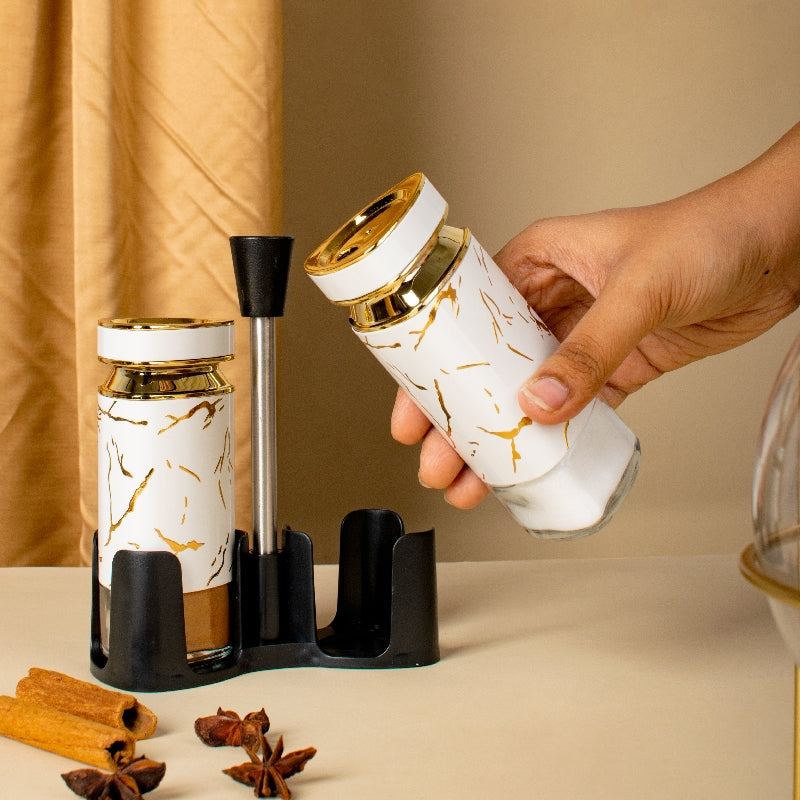 Ivory Elegante Salt & Pepper Shaker Set & Stand Seasoning Containers The June Shop   
