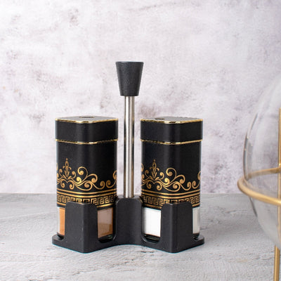 Ornate On Black Salt & Pepper Shaker Set & Stand Seasoning Containers The June Shop   