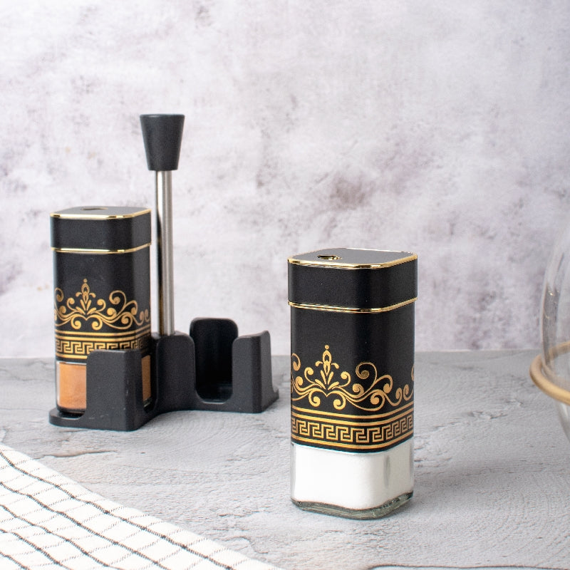 Ornate On Black Salt & Pepper Shaker Set & Stand Seasoning Containers The June Shop   