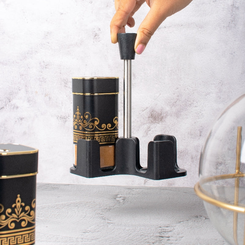 Ornate On Black Salt & Pepper Shaker Set & Stand Seasoning Containers The June Shop   