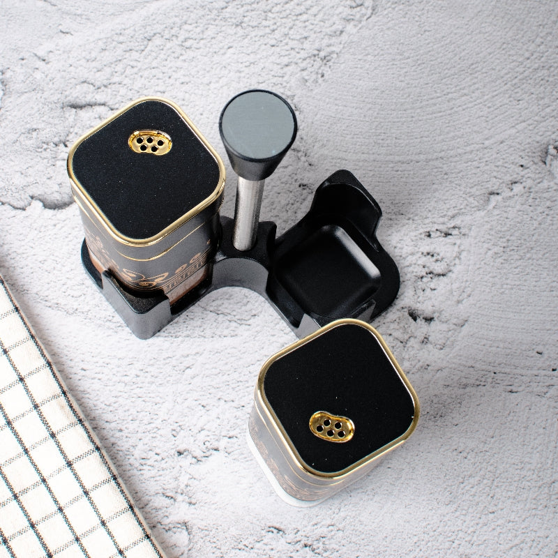 Ornate On Black Salt & Pepper Shaker Set & Stand Seasoning Containers The June Shop   