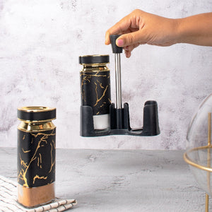 Black Elegante Salt & Pepper Shaker Set & Stand Seasoning Containers The June Shop   