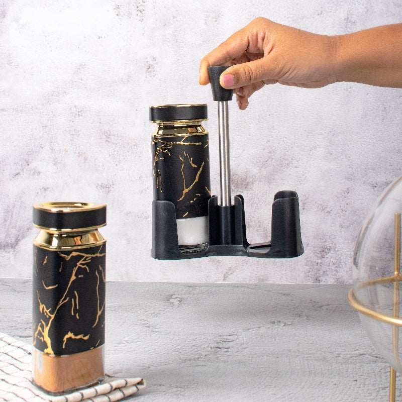 Black Elegante Salt & Pepper Shaker Set & Stand Seasoning Containers The June Shop   