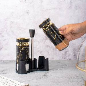 Black Elegante Salt & Pepper Shaker Set & Stand Seasoning Containers The June Shop   
