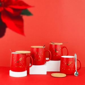 Crimson Red Starry Night Ceramic Mug With Wooden Lid & Spoon Coffee Mugs June Trading   