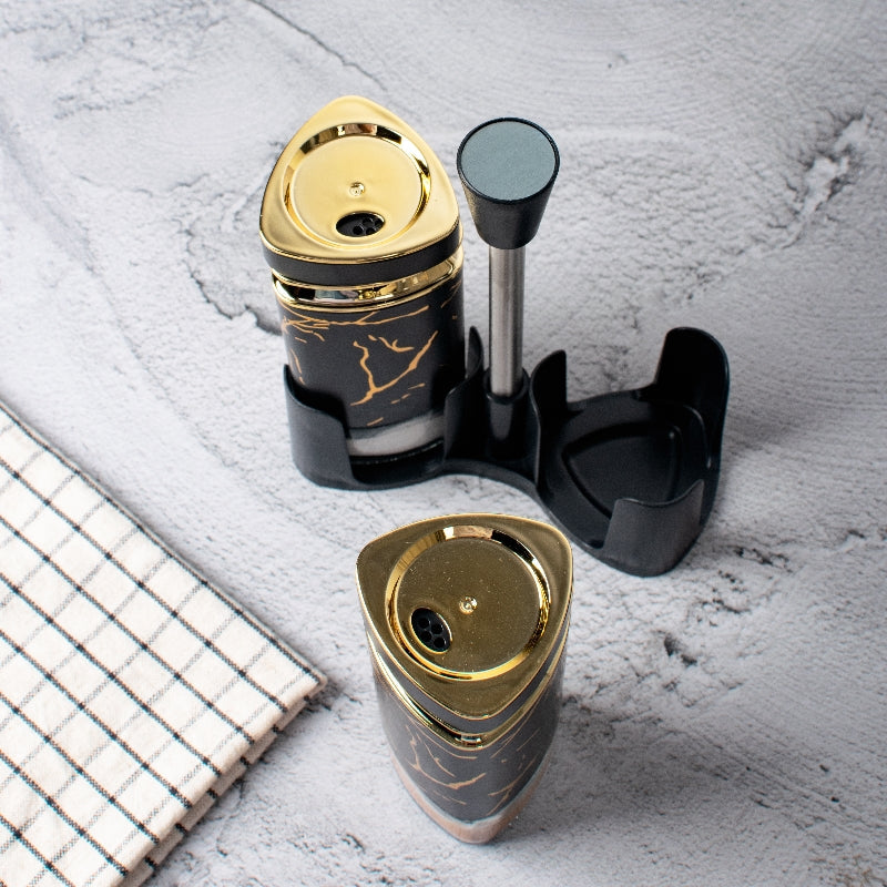 Black Elegante Salt & Pepper Shaker Set & Stand Seasoning Containers The June Shop   