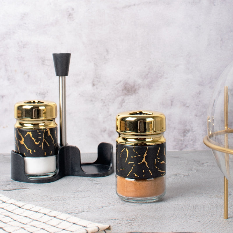 Sterling Golden Salt & Pepper Shaker Set & Stand Seasoning Containers The June Shop   
