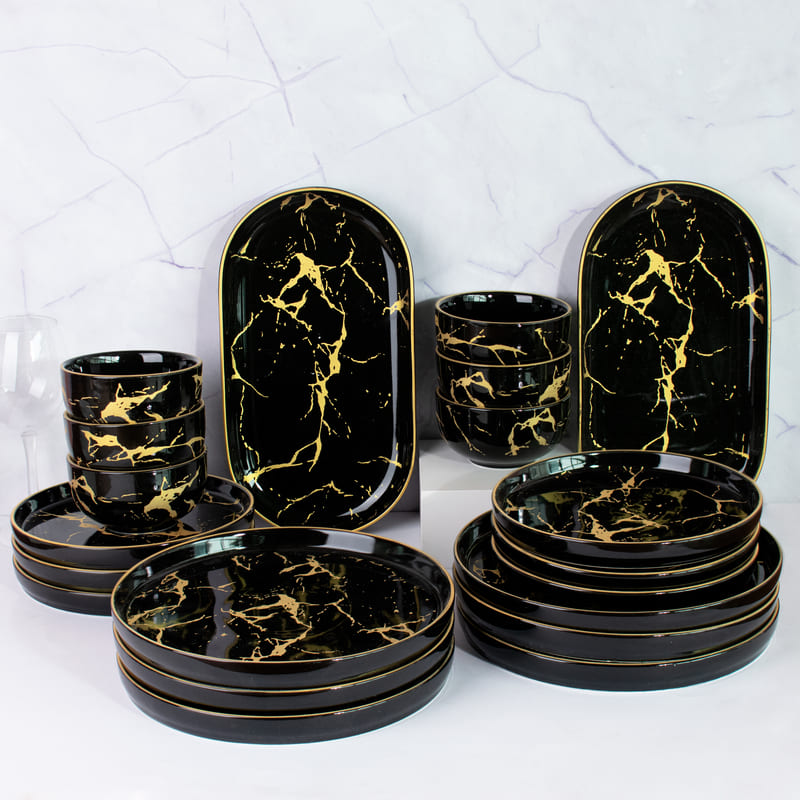 Gold On Black Marble Round 20 Pieces Dinnerware Dinner Sets June Trading   
