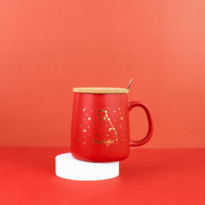 Crimson Red Starry Night Ceramic Mug With Wooden Lid & Spoon Coffee Mugs June Trading Starlight  