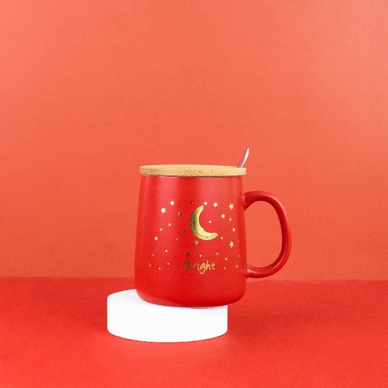 Crimson Red Starry Night Ceramic Mug With Wooden Lid & Spoon Coffee Mugs June Trading Bright  