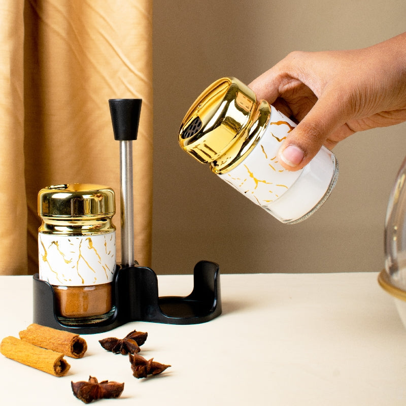 Stellar Golden Salt & Pepper Shaker Set & Stand Seasoning Containers The June Shop   