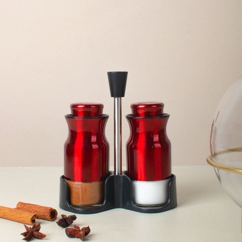 Royal Red Salt & Pepper Shaker Set & Stand Seasoning Containers The June Shop   