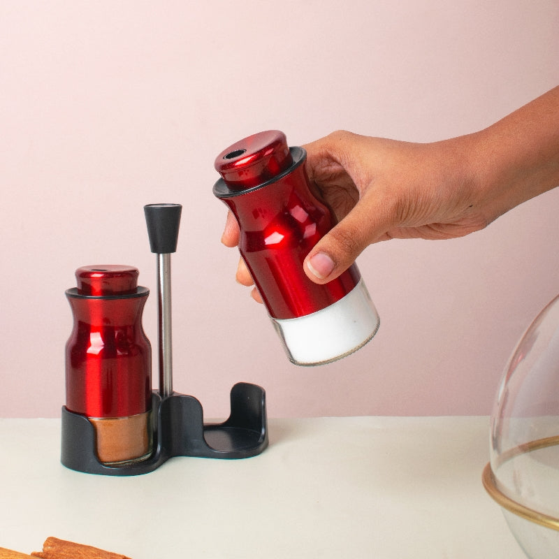 Royal Red Salt & Pepper Shaker Set & Stand Seasoning Containers The June Shop   