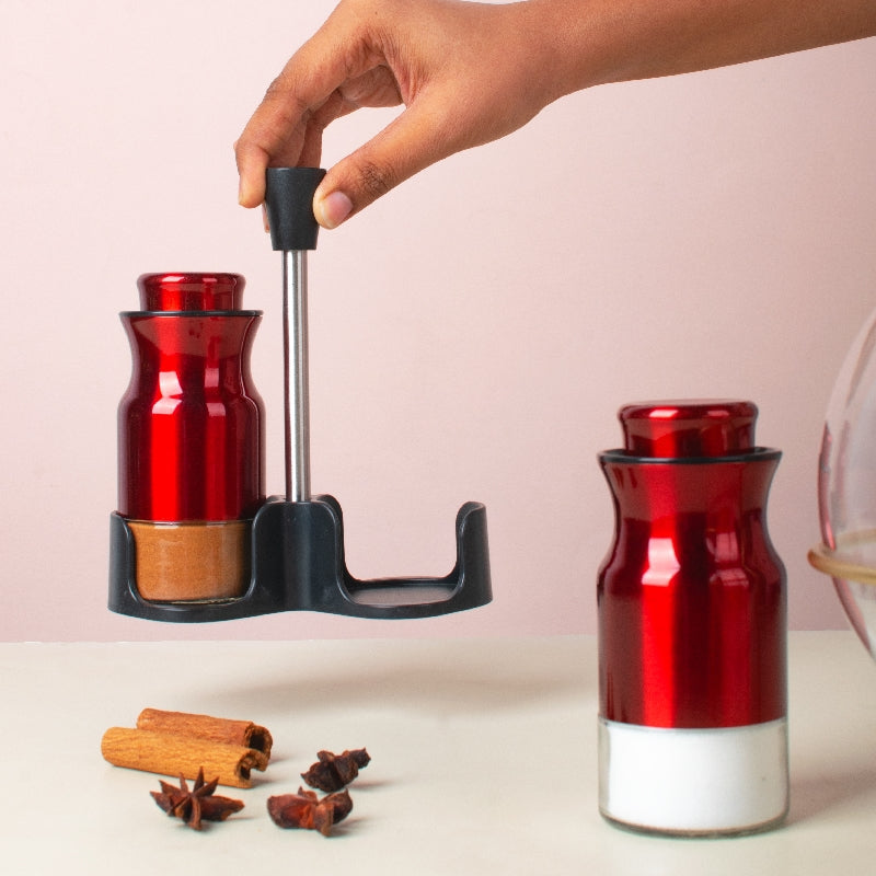 Royal Red Salt & Pepper Shaker Set & Stand Seasoning Containers The June Shop   