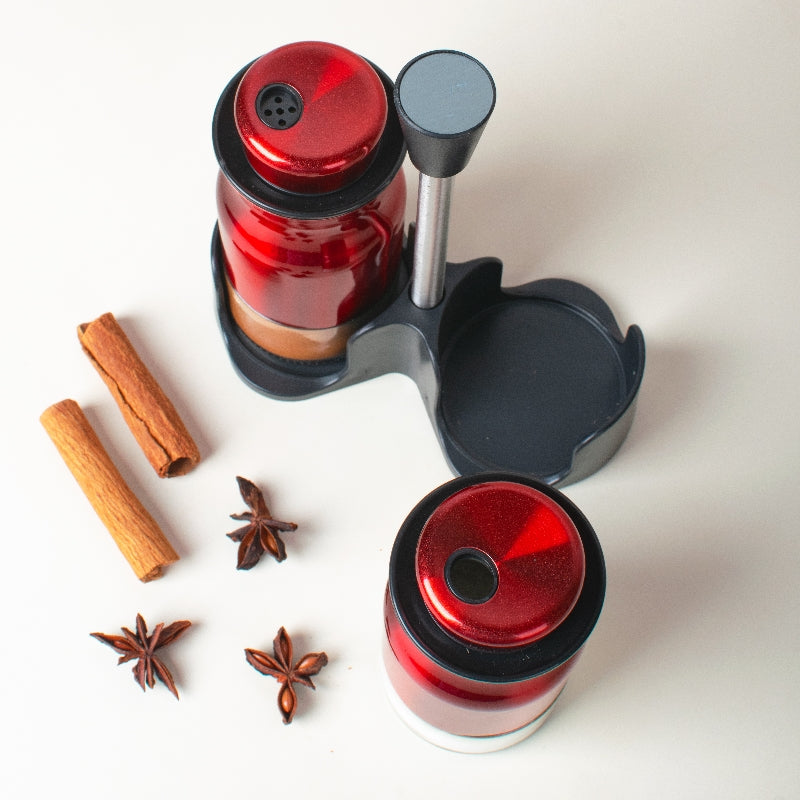 Royal Red Salt & Pepper Shaker Set & Stand Seasoning Containers The June Shop   
