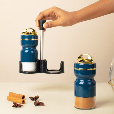 Teal Gold Salt & Pepper Shaker Set & Stand Seasoning Containers The June Shop   
