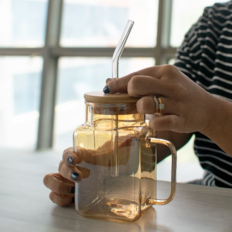 Tinted Mason Jar Style Drinking Glass (Bamboo Lid & Glass Straw)