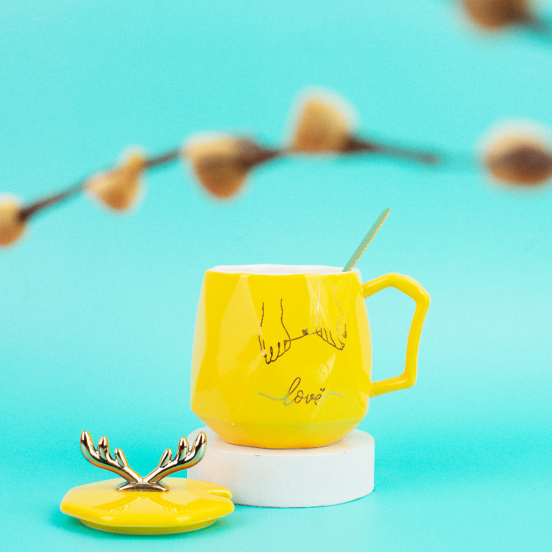 Nordic Reindeer Ceramic Mug With Lid Coffee Mugs June Trading Butter Yellow  