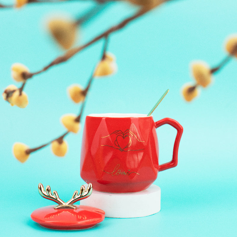 Nordic Reindeer Ceramic Mug With Lid Coffee Mugs June Trading Cherry Red  