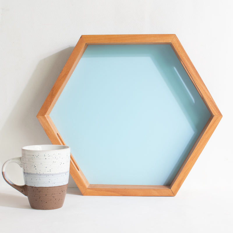 Wooden Hexagonal Serving Tray Serving Tray June Trading Pastel Blue  