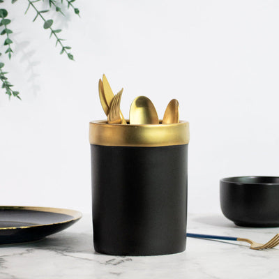 Black & Gold Matte Finish Cutlery Stand Cutlery Stand June Trading   