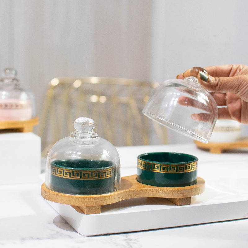 Round Ceramic Bowl With Glass Lid (Set of 2) Serving Platters June Trading   