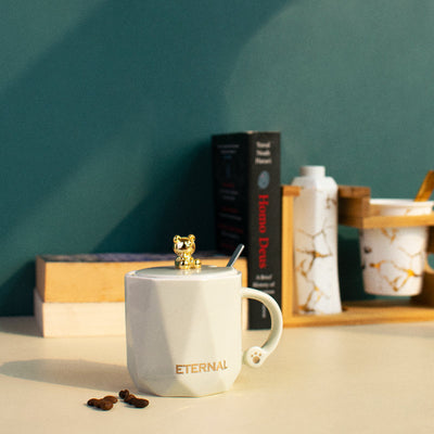 Cute Teddy Coffee Cup With Lid & Spoon Coffee Mugs June Trading Slate Grey  