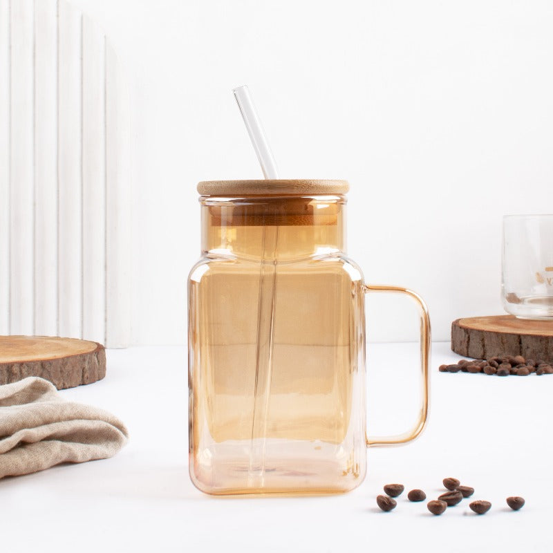 Tinted Mason Jar Style Drinking Glass (Bamboo Lid & Glass Straw)
