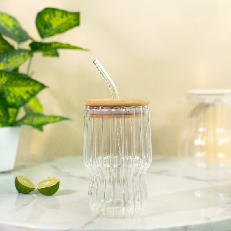 Ribbed Drinking Glass Tumbler with Bamboo Lid & Glass Straw