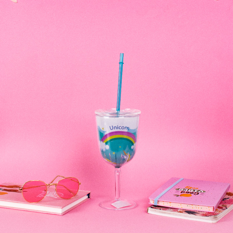 Unicorn Wine Glass with Straw Sippers June Trading Azure Blue  