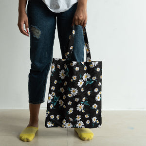 Dainty Daisies Black Tote Bag Tote Bag ERL   