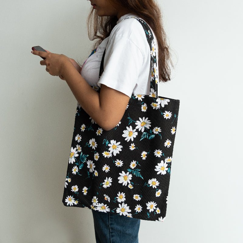 Dainty Daisies Black Tote Bag Tote Bag ERL   