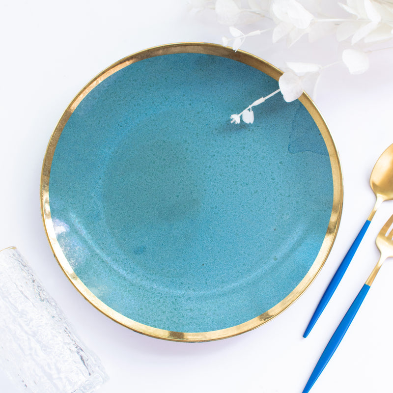 Gold Edge Glazed Dinner Plate (10 Inches) Dinner Plates June Trading Aqua Blue  