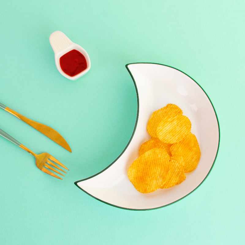 Classy Crescent Ceramic Serving Dish Serving Plates June Trading White (Green Rim)  