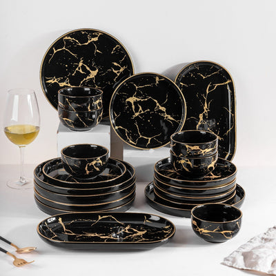 Gold On Black Marble Round 20 Pieces Dinnerware