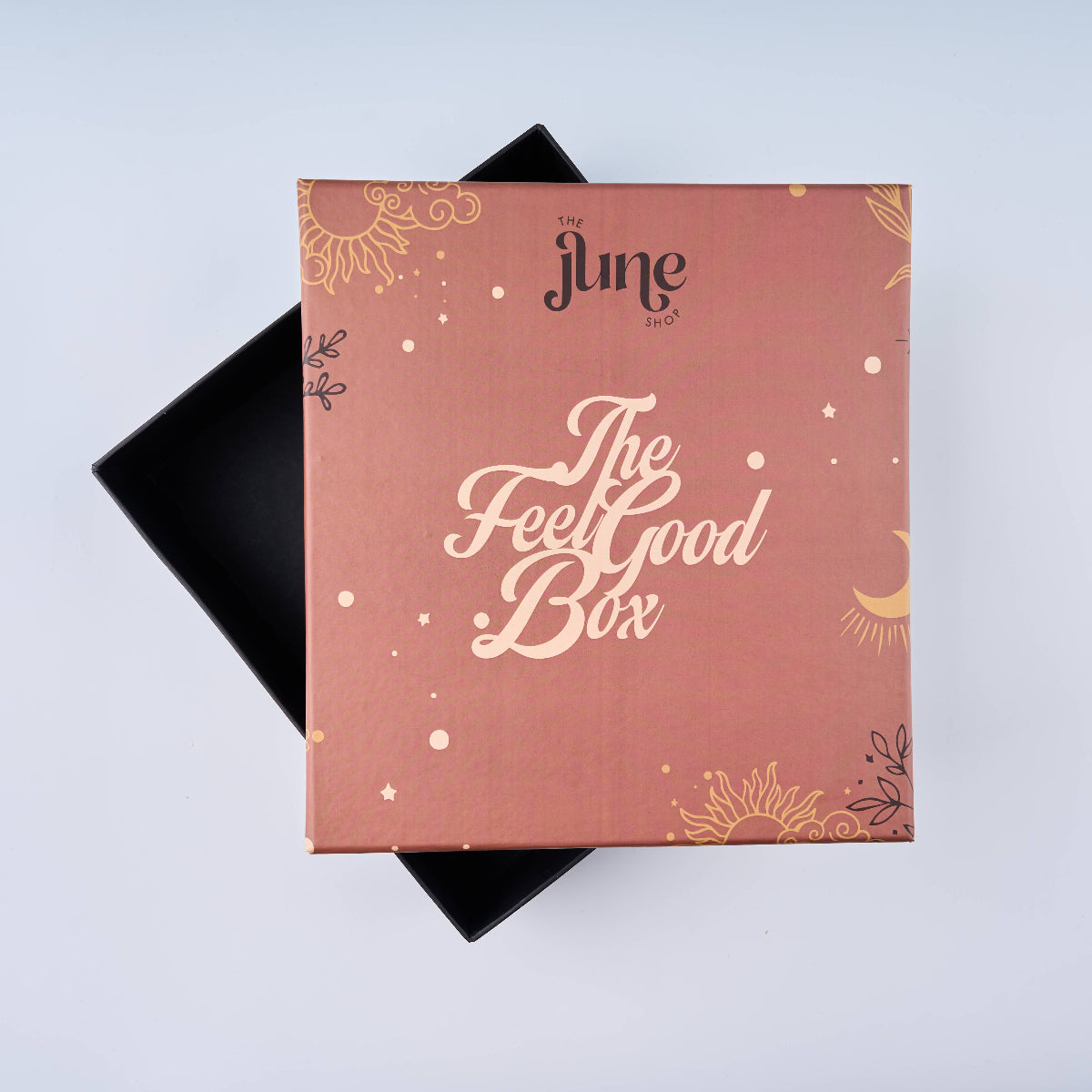 Terra 'The Feel Good Box' packaging with decorative elements on a light blue background