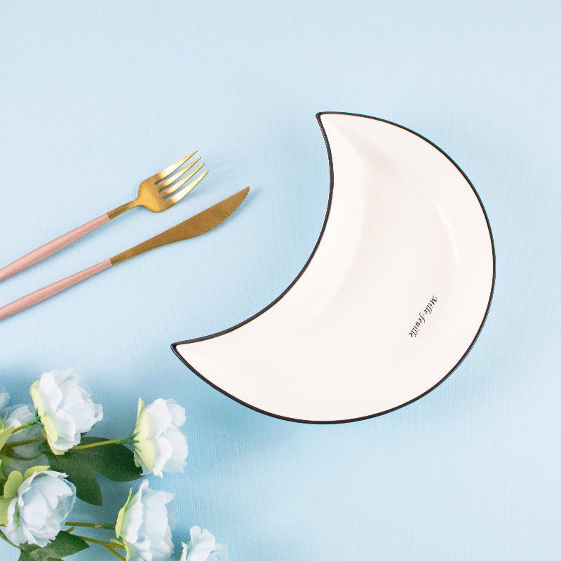 Classy Crescent Ceramic Serving Dish Serving Plates June Trading White (Black Rim)  