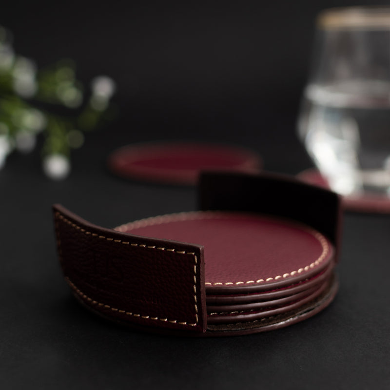 Set of 6 Leather Coasters With Holder Coasters June Trading Maroon Wine  