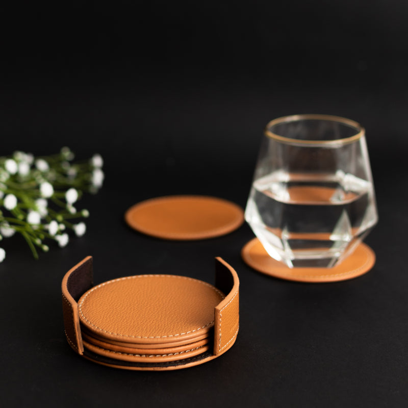 Set of 6 Leather Coasters With Holder Coasters June Trading Rust Orange  