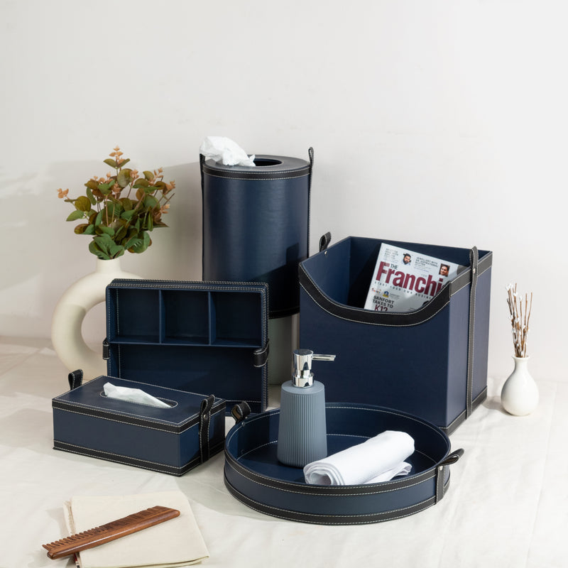 Midnight Blue Vegan Leather Storage Home Organizers Desk Organisers June Trading Complete Set of 5  