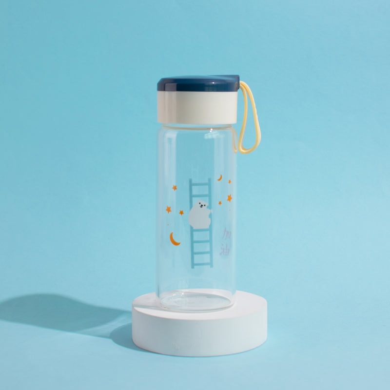 Bear Imprint Transparent Glass Water Bottle Bottles June Trading Yale Blue  