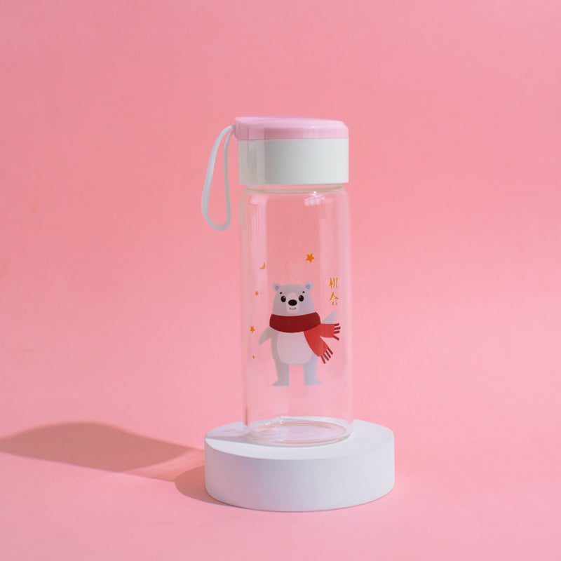 Bear Imprint Transparent Glass Water Bottle Bottles June Trading Cottoncandy Pink  