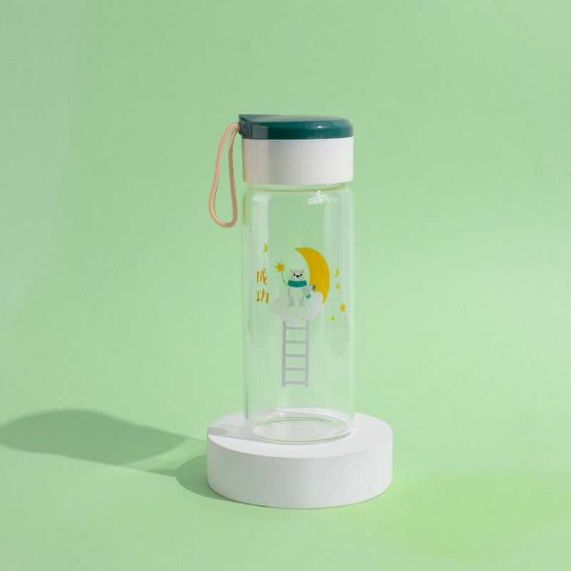Bear Imprint Transparent Glass Water Bottle Bottles June Trading Emerald Green  