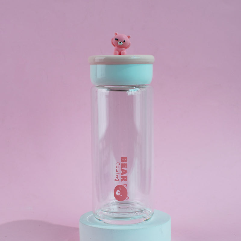 Teddy Ensembled On Top Transparent Glass Water Bottle Bottles June Trading Taffy Pink  