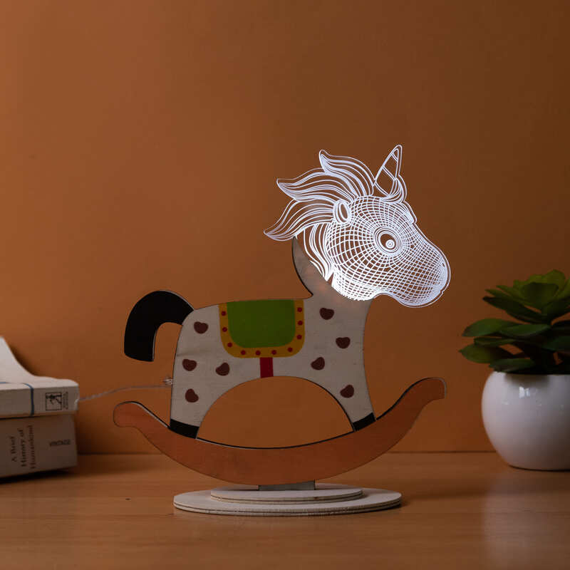 Rocking Unicorn Wooden Acrylic 3D Light 3D Lights June Trading   