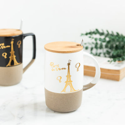 Paris Love Dual Tone Ceramic Coffee Mug With Lid & Spoon Coffee Mugs June Trading   