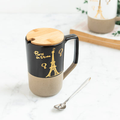 Paris Love Dual Tone Ceramic Coffee Mug With Lid & Spoon Coffee Mugs June Trading Paris Je T'aime - Black  