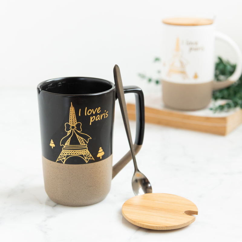 Paris Love Dual Tone Ceramic Coffee Mug With Lid & Spoon Coffee Mugs June Trading I Love Paris - Black  